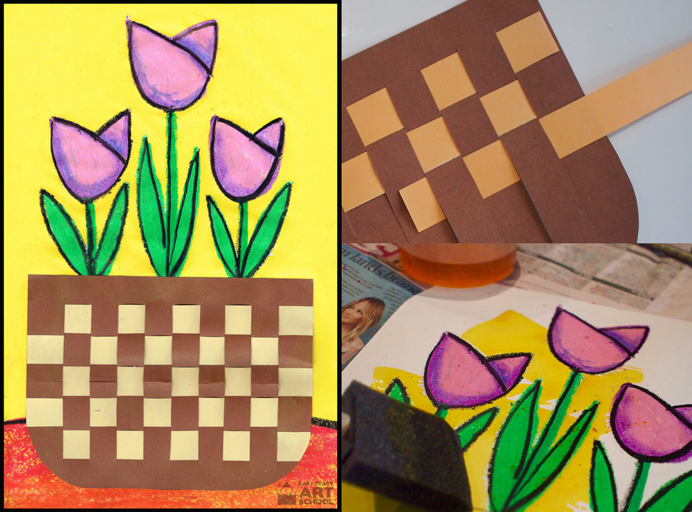 Art lesson - Woven basket of tulips - easy peasy art school