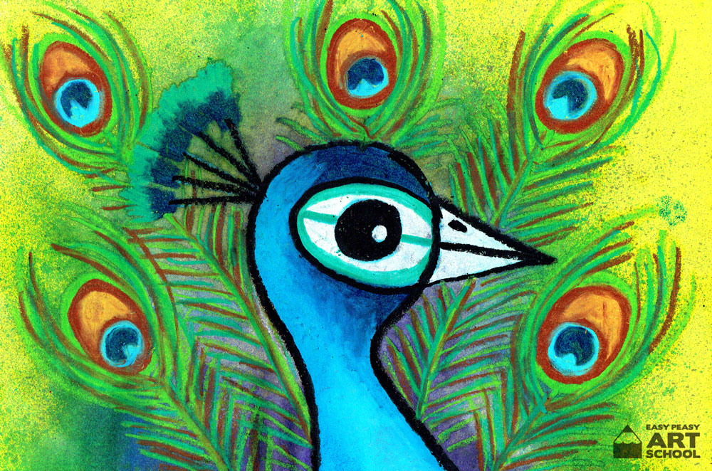 Peacock art lesson by Easy Peasy Art School