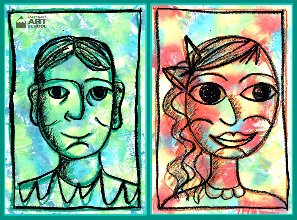 Continuous Line - Crepe Print Portrait art lesson by Easy Peasy Art School